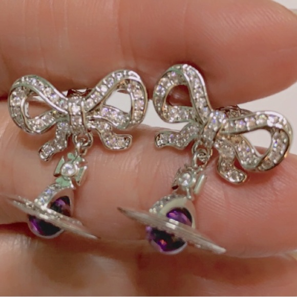 silver tone signature Orb Drop of crystal Bow small earrings - Picture 3 of 10